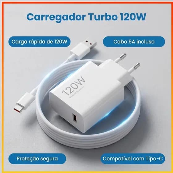 Carregador 120W Super Rápido 6A com Cabo USB-C 1m - Compatível com Xiaomi Mi Turbo Charge e Turbo Power