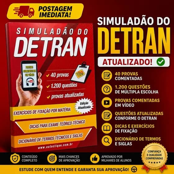 Simuladão DETRAN Completo 40 Provas 1200 Questões CNH Prova Teórica Atualizada 2026 Auto Clique