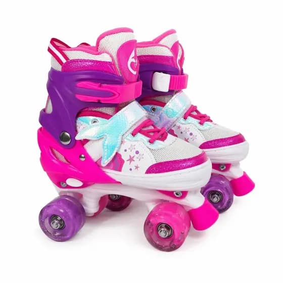 Patins Quad Infantil Sereia Rosa Roxo Ajustável Rodas LED Com Kit Proteção Para Meninas