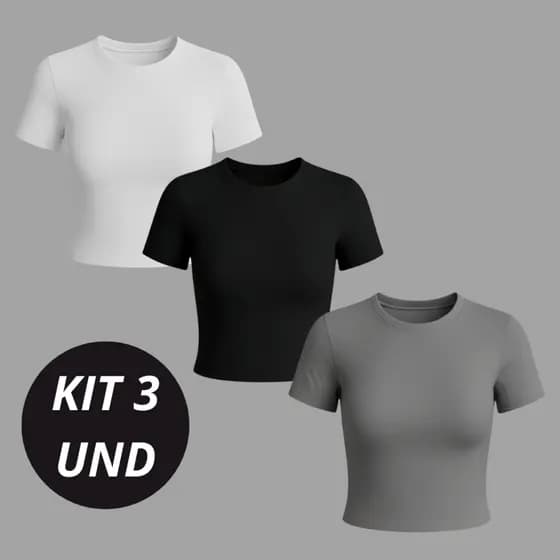 Kit 3 Baby Tee Feminina - Blusa Slim Fit Manga Curta Blusa de Compressão Várias Cores Ajuste Perfeito