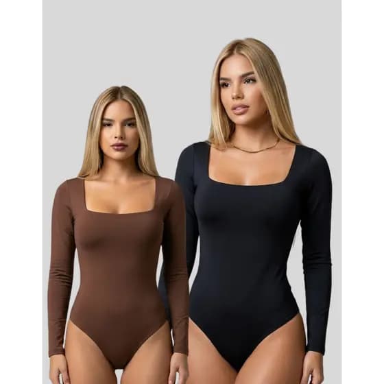 Body Feminino Preto Manga Longa Decote Quadrado Suplex Premium Modelador Colante Zero Transparência Body Básico Inverno
