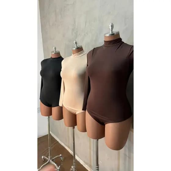Body Feminino Gola Alta Manga Longa Suplex Premium Com Forro Fecho Duplo Preto Marrom Modelador Inverno Plus Size