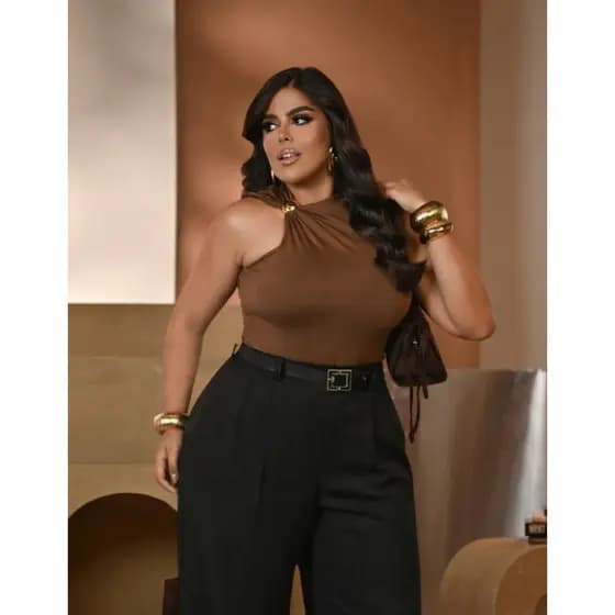 Body Plus Size Suplex Feminino Argola Decote Assimétrico Sem Bojo Confortável Zero Transparência Casual Chic