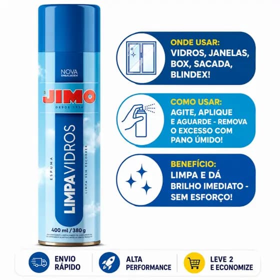 Jimo Limpa Vidros Spray Sem Enxágue Superfície Limpa e Brilhante 400ml Espelho Blindex Brilho