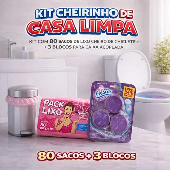 Kit Bloco Pastilha Caixa Acoplada Vaso Sanitario Saco Lixo 8L Perfumado Chiclete Casa Limpa Aroma