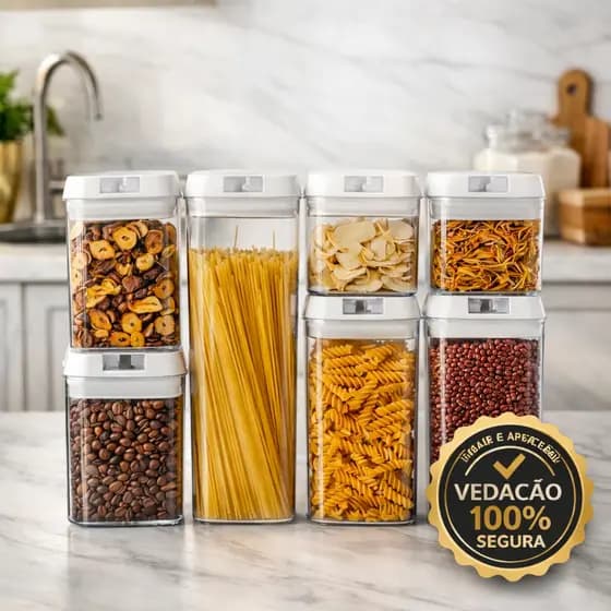 Kit 7 Potes Herméticos Acrílico Transparente Vedação 100% Segura Organizadores para Cozinha