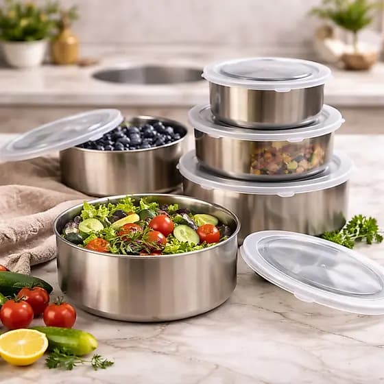 Kit 5 Potes Herméticos Inox com Tampa | Conjunto Potes Aço Inoxidável para Alimentos