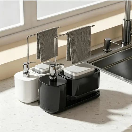 Kit organizador de cozinha: dispenser de sabonete manual + suporte de pano + dispenser de detergente