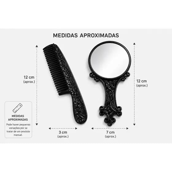 Kit Espelho + Pente Decorado Vintage Preto Compacto Feminino Bolsa Maquiagem