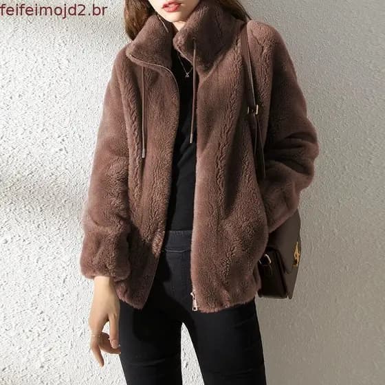 Casaco de Inverno Feminino com Gola de Lã Quente, Manga Longa, Zíper, Estilo Harajuku, para Escritório, Modelo 6415