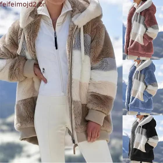 Casaco Feminino Multicolorido Com Capuz Forrado Para Outono E Inverno