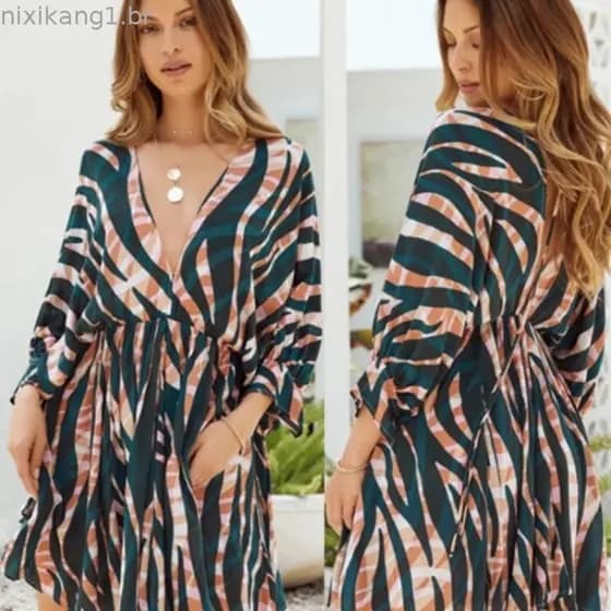 1 vestido de manga comprida com estampa listrada colorida do comércio exterior