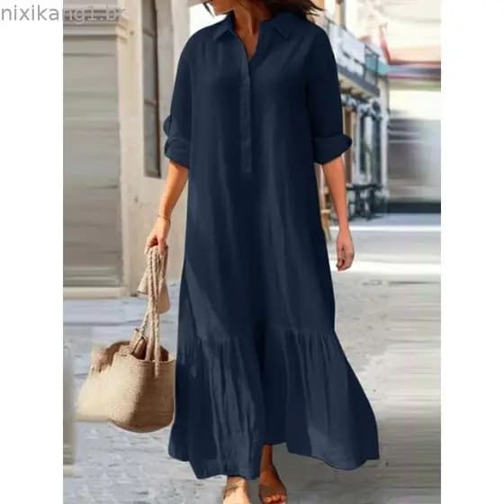 2025 Comércio Exterior Europeu Americano Novo Estilo Algodão Linho Vestido Longo Csa Irrelar Gola Botão Saia Casual