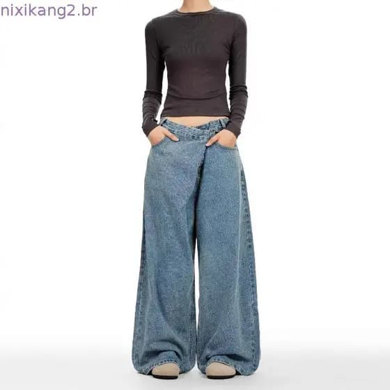 2026 Calças Casuais Largas e Soltas com Efeito Lavado, Estilo Retrô Simples e Moderno, Jeans Azul Steampunk Americano de