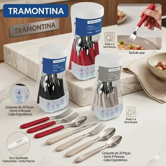 Jogo Kit Talheres Tramontina Leme 20 Peças Original Aço Inox Premium Resistente Cozinha Cabo Vermelho/Cinza/Preto