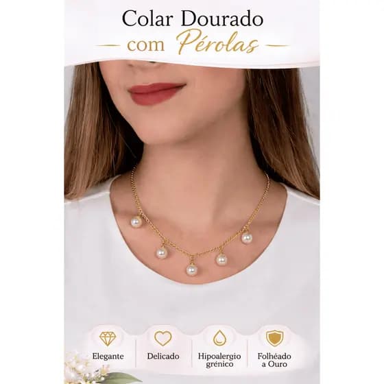 Colar Corrente Grumet Com Pérolas Feminino Banhado Ouro Luxo Elegante Clássico