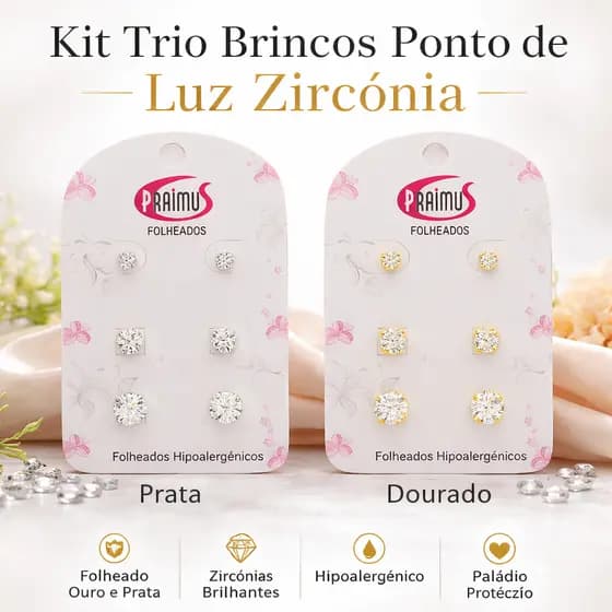Kit Trio Brincos Ponto de Luz Zircônia Folheado Ouro Prata Paládio Hipoalergênico (Prata e Dourado)