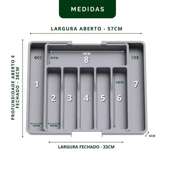 Organizador de gaveta para talheres com 8 compartimentos e extensor ajustável para melhor organização