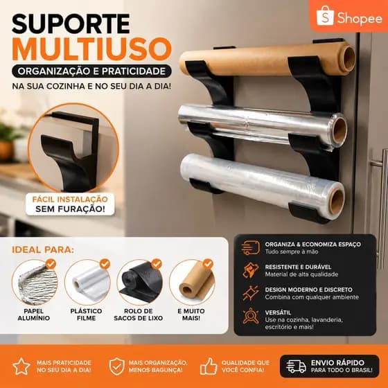 Suporte Organizador Papel Alumínio Plástico Filme Saco de Lixo Cozinha Parede Sem Furo Multiuso Rolo