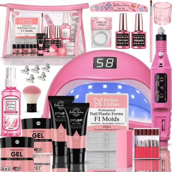 Kit Alongamento de Unha em Gel Polygel Poligel Fibra 3 em 1 Completo + Cabine Lixadeira Nécessaire