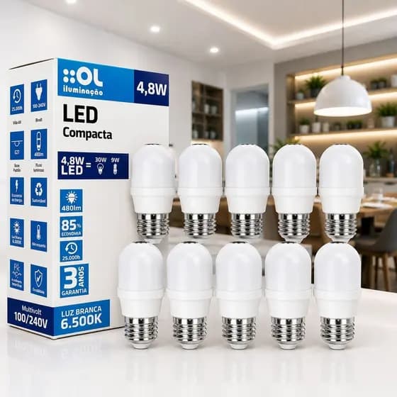 Kit com 10 Lâmpadas LED Compacta 4,8W E27 Luz Branca 6500K Bivolt Econômica Alta Durabilidade | Envio Imediato