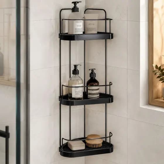 Porta Shampoo Cantoneira Tripla Wave Preta Organizador Banheiro Box Sabonete 3 Andares