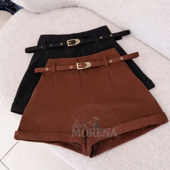 Kit 2 Peças Shorts de Alfaiataria com Cinto Encapado Moda Blogueira Tendência Elegante e Moderno