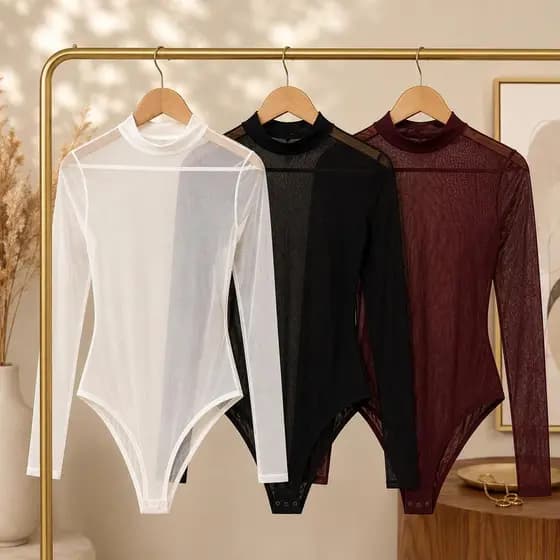 Kit 3 Peças Body De Tule Feminino Gola Alta Forro Duplo Manga Longa Segunda Pele Transparente Elegante Chic