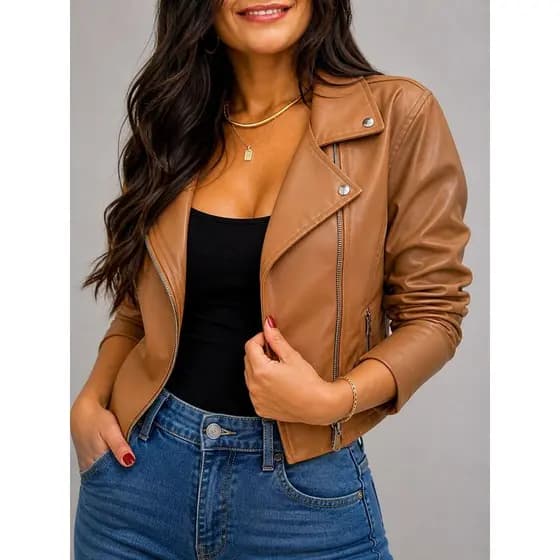 Jaqueta Feminina Couro Elegante Casual com Botões na Frente e Zíper Moda Tendência Inverno