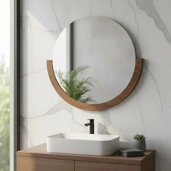 Espelho Redondo Meia Lua com Moldura em MDF estilo Moderno Decorativo para Banheiro Sala Quarto com Suporte