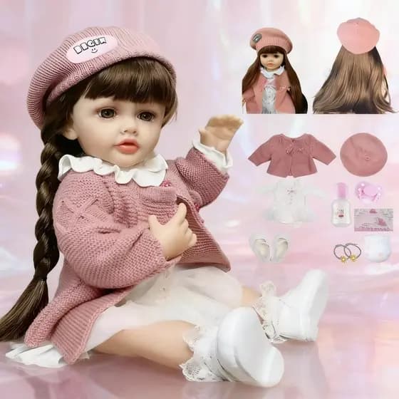 Boneca Reborn 55cm Corpo Total em Silicone Rosto Sorridente Lavável à Prova de Água para Banho