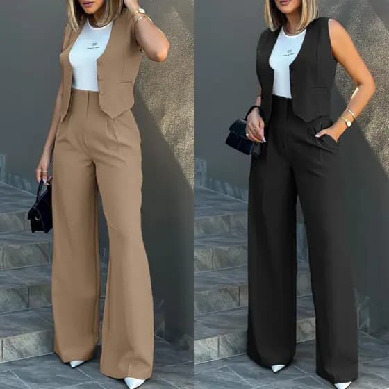 Conjunto Feminino na Alfaiataria Calça Pantalona com Bolsos + Colete Social Escritório