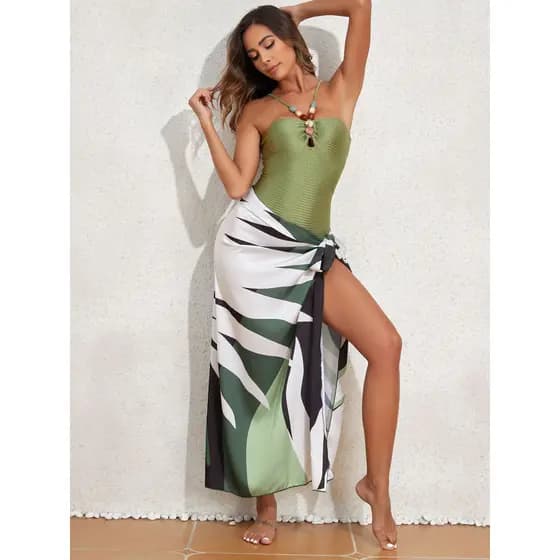 Feminino Conjunto Body Bore Estampado Maiô Com Bojo+ Saida de Praia