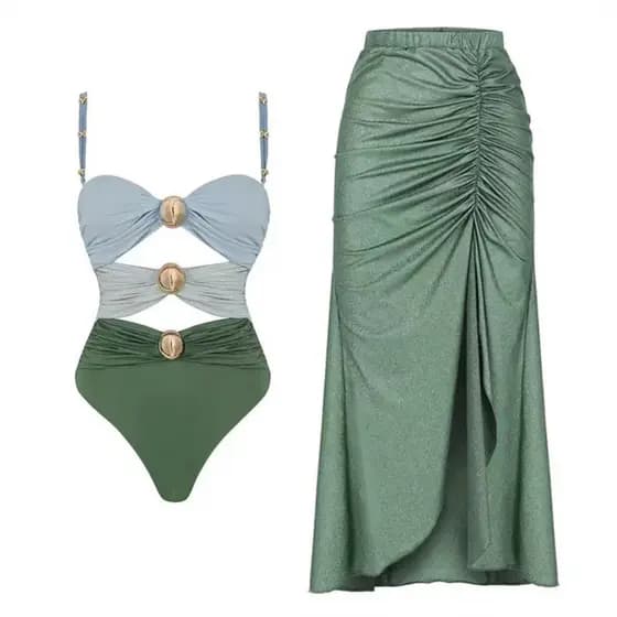 Conjunto Feminino Maiô Bikini Com Recortes E Saia De Praia