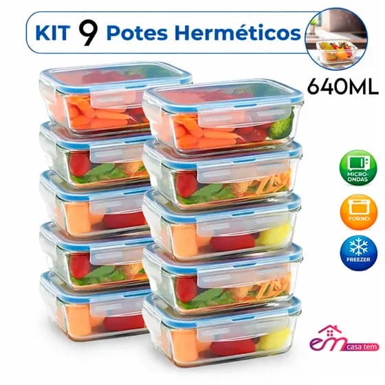 Kit 9 Potes Vidro Hermético 640ml/400ml Retangular organizador Vasilhas Marmita Fitness