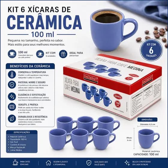 Jogo 6 Xícaras Café Expresso Medina Cerâmica 100ml Hauskraft modelo premiun xique promoção lançamento