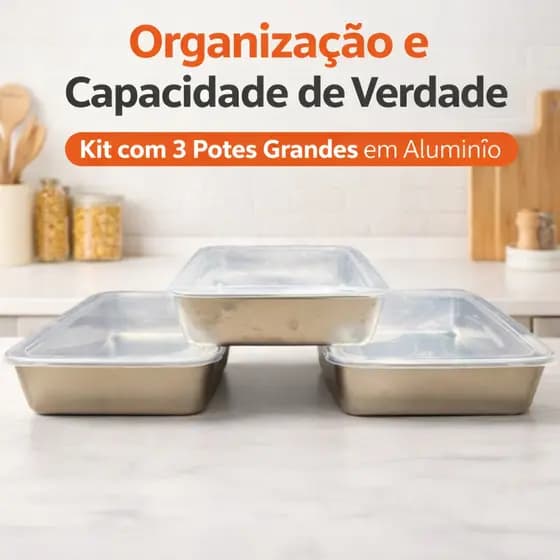 Kit 3 Potes de Alumínio para Mantimentos Grande Retangular Porta Alimentos Cozinha Organização