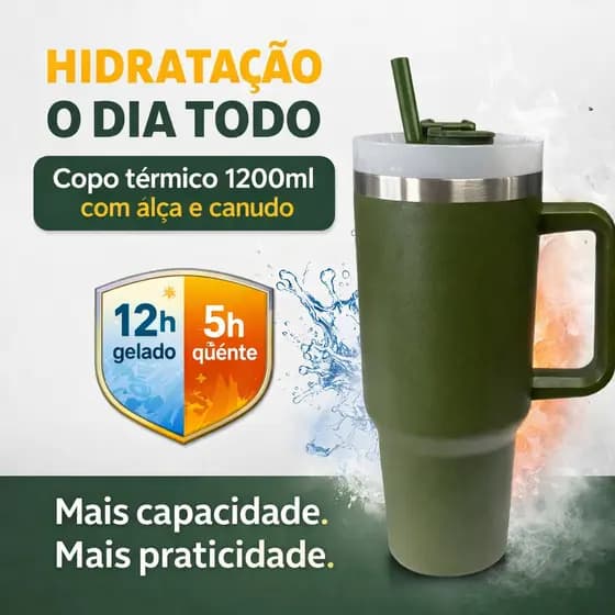 Copo Térmico 1200ml Inox com Canudo e Alça Garrafa Térmica Grande 1.2L Bebidas Quentes e Frias Verde Militar