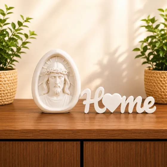 Kit Decoração Letreiro Home e Escultura Jesus Enfeite Casa Sala Quarto Presente Religioso Moderno