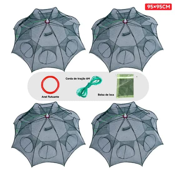 4Pc Armadilha Covo Peixe Isca Viva Lambaris Camarões 95x95cm/ peixes com 8 entradas Rede Retrátil