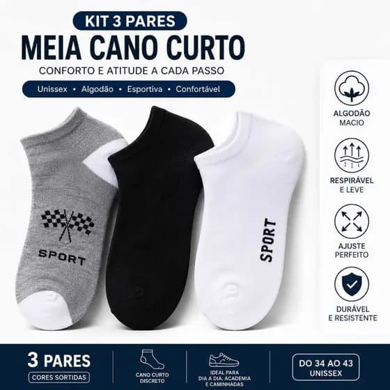 kit 3 Pares Meias Cano longo Masculino Feminina Adulto Algodão Frio Confortável Sport