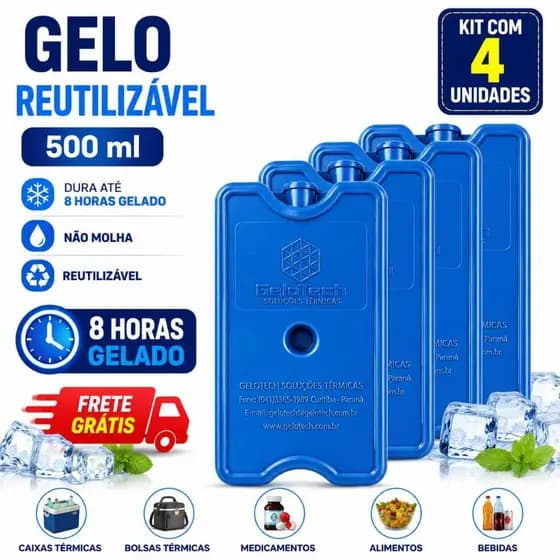 Gelo Reutilizável 500 ml Gelotech Kit com 4 unidades 8 horas gelado bolsa térmica cooler frete grátis produto original