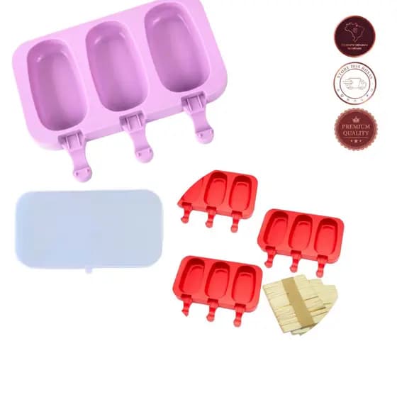 Forma Picolé Caseiro 3 Cavidades com Tampa + 50 Palitos | Molde de Silicone Reutilizável