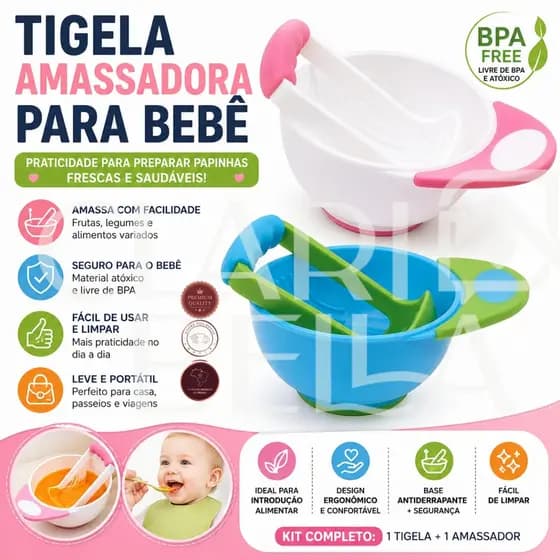 Tigela Amassador Bebê com Colher Triturador Papinha BPA Free Alimentação Infantil