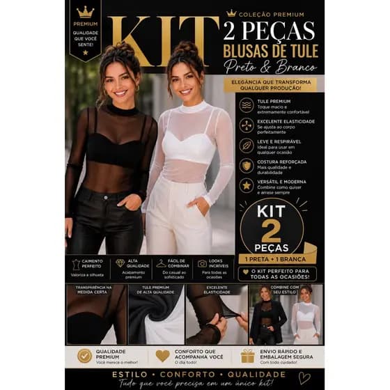Kit 2 Blusa Manga Longa Tule Segunda Pele Gola Alta Transparente