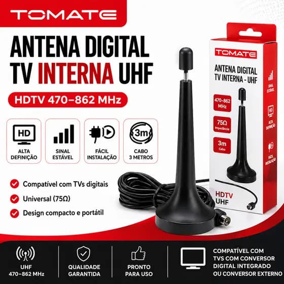 Antena Digital Interna HDTV UHF 470-862MHz Cabo 3m Universal Sinal Estável HD para TV
