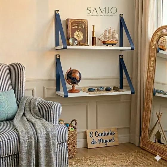 Prateleira 45 x 15 – Kit 2 Unidades, Alça Couro Ecológico Azul, Decoração, Quarto Bebê. Envio Rápido