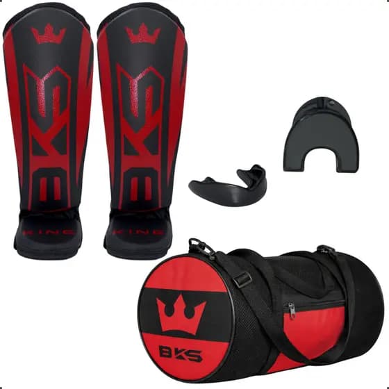 Caneleira BKS Boxe Muay Thai Kickboxing Sparring MMA Treino + Bolsa Esportiva Com Bolso + Protetor Bucal