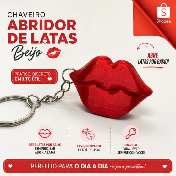 Chaveiro Abridor de latas em formato de boca, feito em 3D.