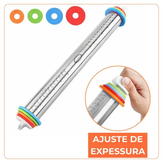 Rolo de Massa Inox Ajustável com Medidas Profissional para Confeitaria, Pizza, Pães e Cozinha